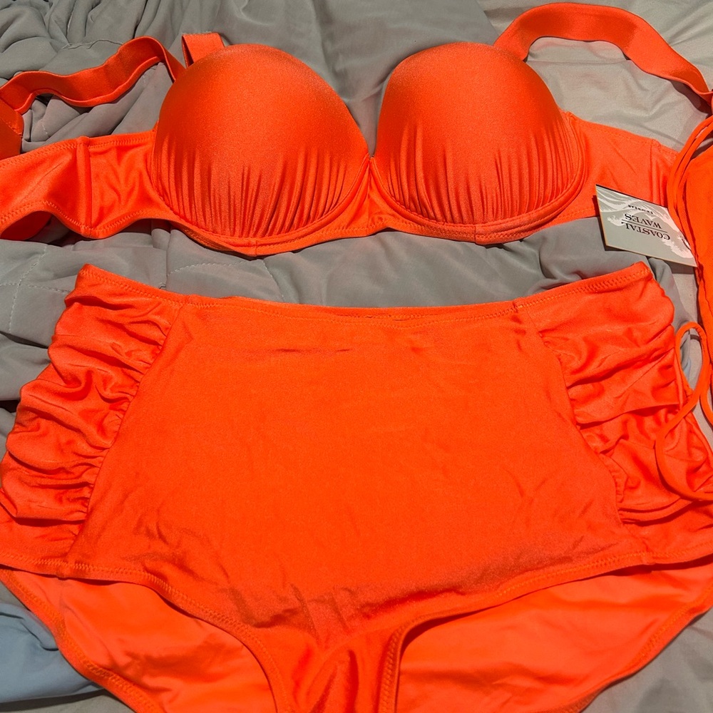 Bold Orange High-Waist Bikini Set with Supportive Cups